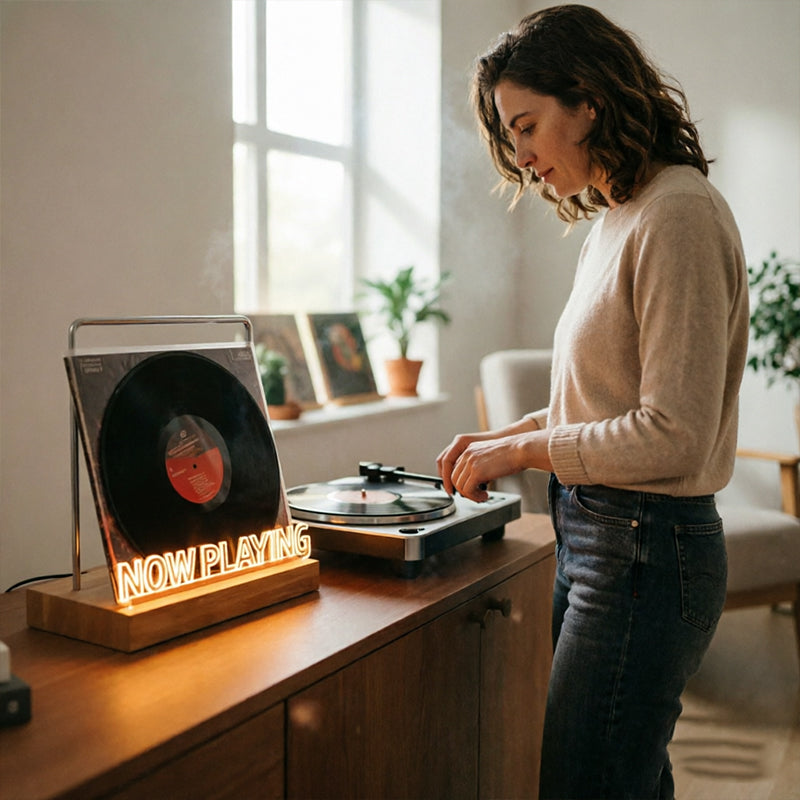 Wooden Vinyl Record Stand - Desktop Album Display Office Decor